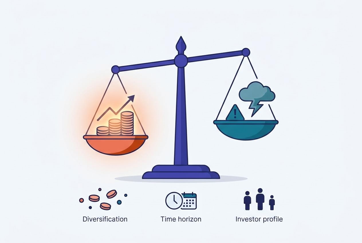 Ilustrasi konsep risiko investasi dengan timbangan keseimbangan antara potensi keuntungan dan risiko kerugian